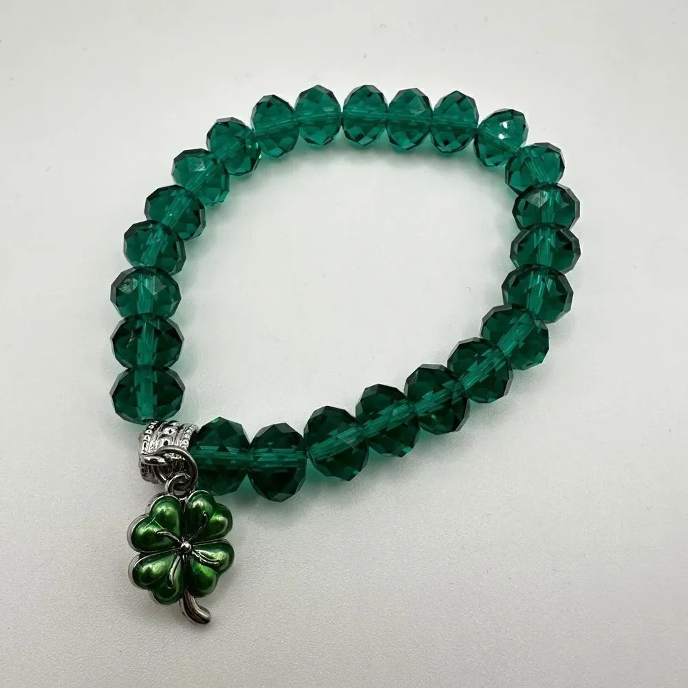 SALE! Green faceted glass‎ crystal beaded stretch bracelet with shamrock charm!